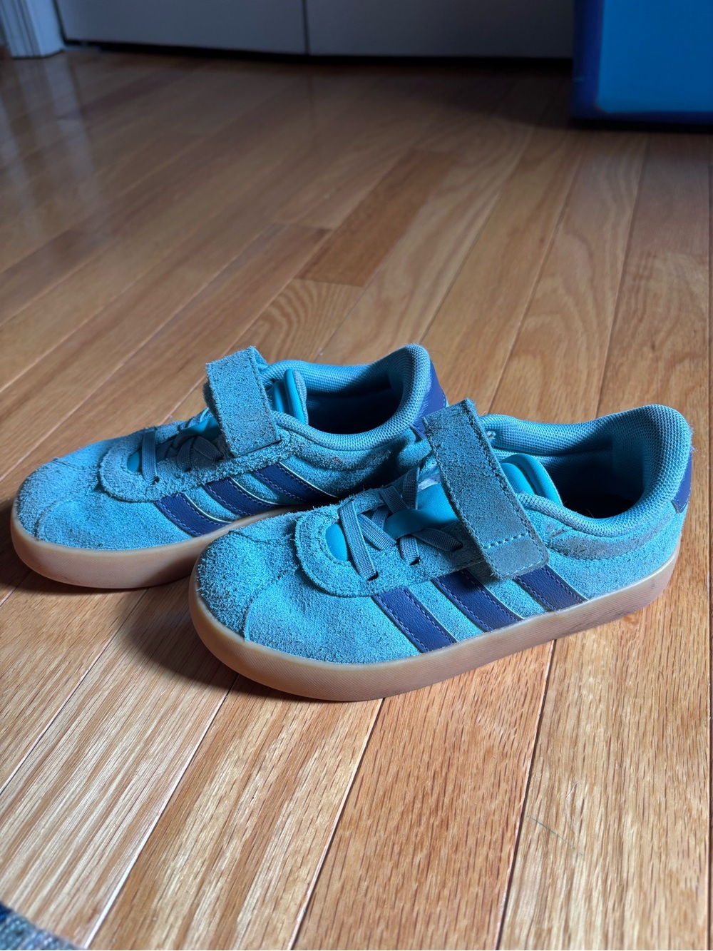 adidas Kids Turquoise Suede Sneakers with Navy Stripes and Gum Sole